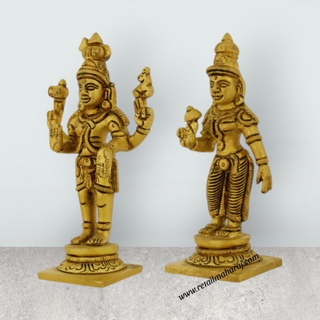 Shiv Parivar Murti Standing On Base Pair - 4 x 2 Inches | Antique Brass Idol/ Shiva Parvati Murti for Pooja - Retail Maharaj