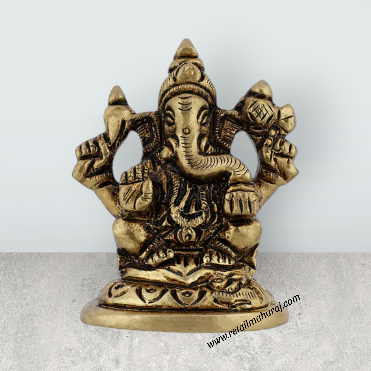 Ganesh Murti Sitting On Base - 2 x 1.5 Inches | Antique Brass Idol / Ganpati Murti For Home Pooja - Retail Maharaj