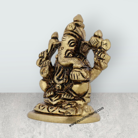 Ganesh Murti Sitting On Base - 2 x 1.5 Inches | Antique Brass Idol / Ganpati Murti For Home Pooja - Retail Maharaj