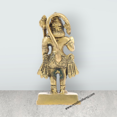 Anjaneya Statue Standing On Base – 4 X 2 Inches | Antique Brass Idol / Hanuman Statue for Pooja and Worship - Retail Maharaj