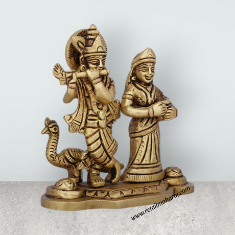 Radha Krishna Murti with Peacock - 4 x 4.5 Inches | Antique Brass Idol/ Radha Krishna Idol for Pooja/ 610 Gms - Retail Maharaj