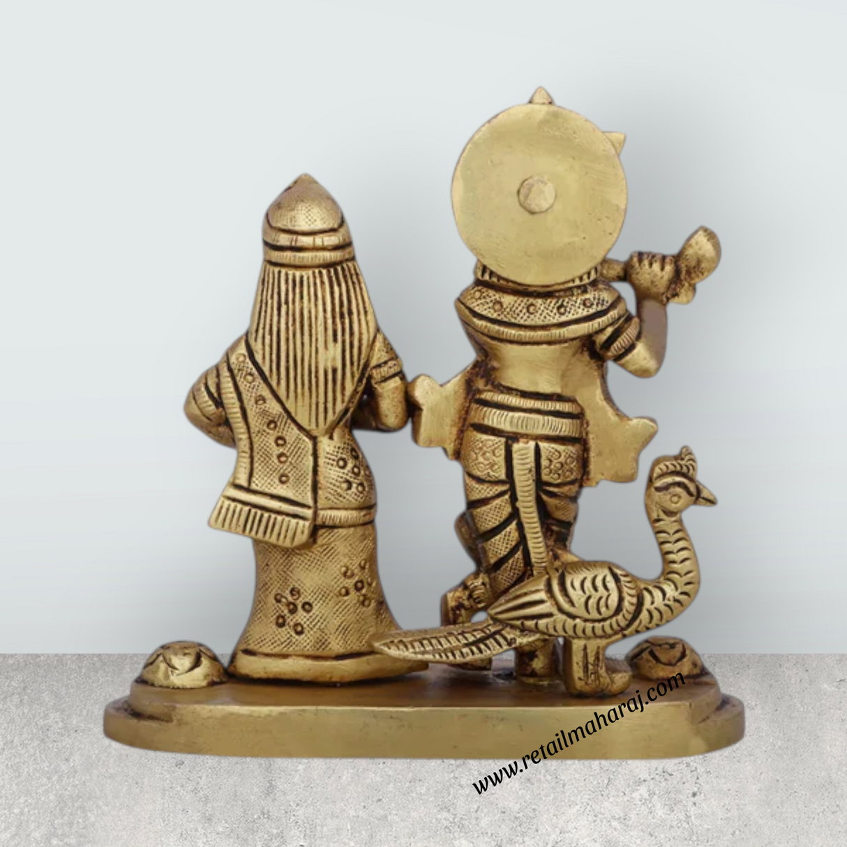 Radha Krishna Murti with Peacock - 4 x 4.5 Inches | Antique Brass Idol/ Radha Krishna Idol for Pooja/ 610 Gms - Retail Maharaj