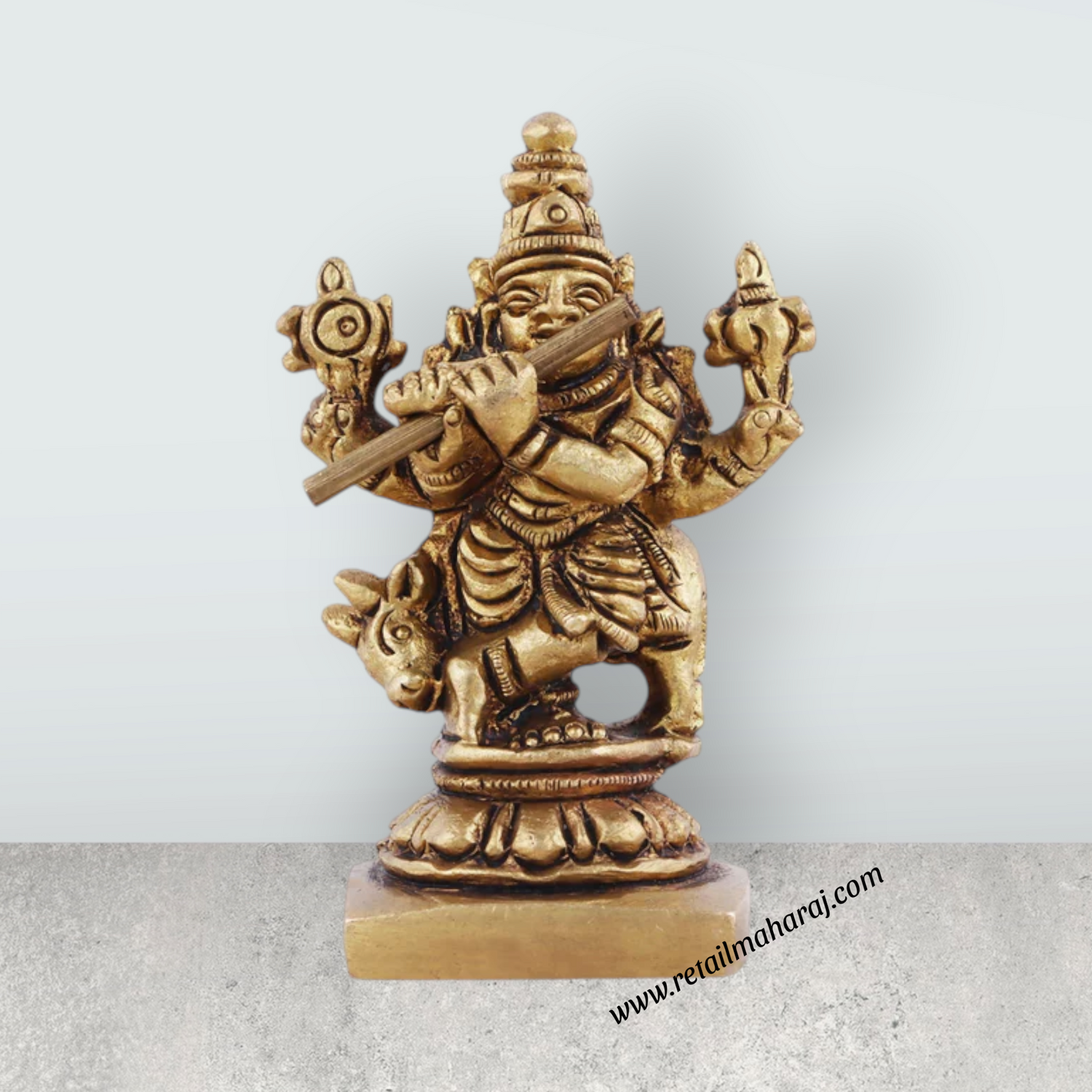 Krishna Statue with Cow - 2 x 1.5 Inches | Antique Brass Idol/ Cow Krishna for Pooja/ 80 Gms Approx