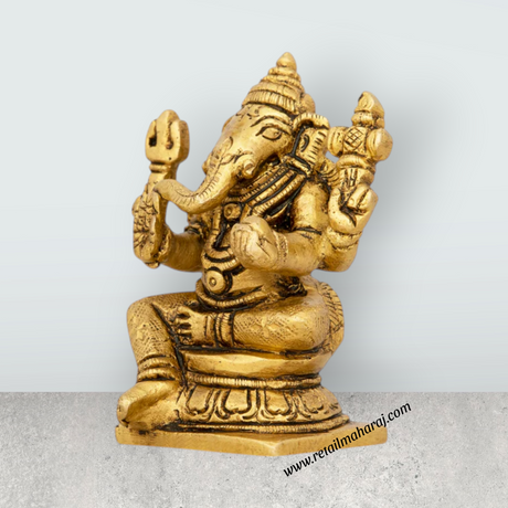 Ganesh Murti - 2 x 4 Inches | Antique Brass Idol/ Sitting Ganpati Murti for Pooja/ 250 Gms Approx - Retail Maharaj
