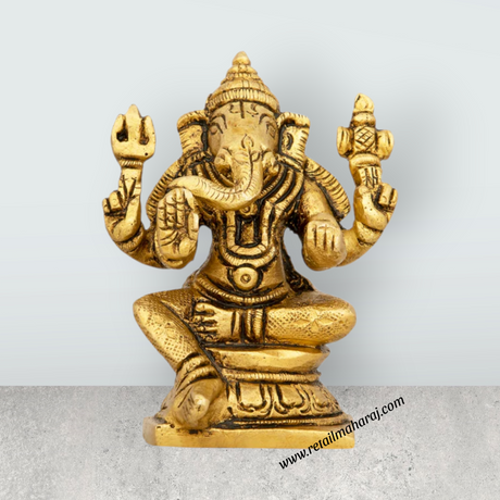 Ganesh Murti - 2 x 4 Inches | Antique Brass Idol/ Sitting Ganpati Murti for Pooja/ 250 Gms Approx - Retail Maharaj