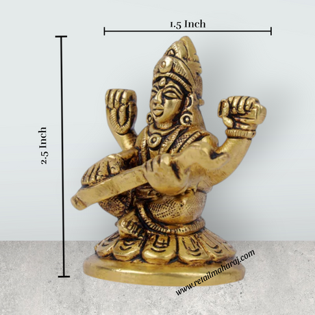 Saraswati Murti - 2.5 x 1.5 Inches | Antique Brass Statue/ Saraswati Idol/ Saraswati Mata Murti for Pooja - Retail Maharaj
