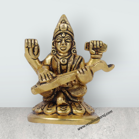 Saraswati Murti - 2.5 x 1.5 Inches | Antique Brass Statue/ Saraswati Idol/ Saraswati Mata Murti for Pooja - Retail Maharaj