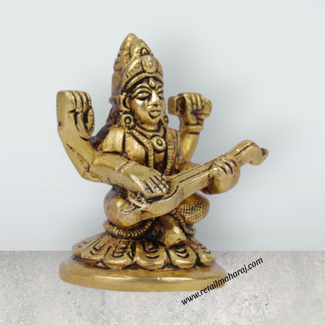 Saraswati Murti - 2.5 x 1.5 Inches | Antique Brass Statue/ Saraswati Idol/ Saraswati Mata Murti for Pooja - Retail Maharaj
