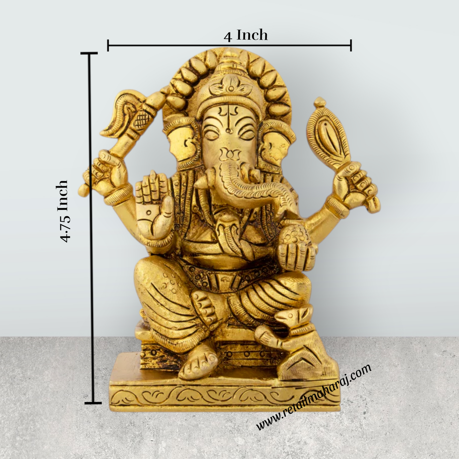 Ganesh Murti Sitting On Chowki - 4.75 x 4 Inches | Antique Brass Idol/ Ganpati Murti/ Vinayaka Statue for Pooja - Retail Maharaj