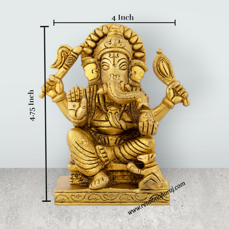 Ganesh Murti Sitting On Chowki - 4.75 x 4 Inches | Antique Brass Idol/ Ganpati Murti/ Vinayaka Statue for Pooja - Retail Maharaj
