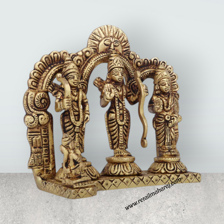 Ram Darbar Murti with Arch - 5 x 5.5 Inches | Antique Brass Idol/ Ram Darbar Idol for Pooja/ 980 Gms Approx - Retail Maharaj