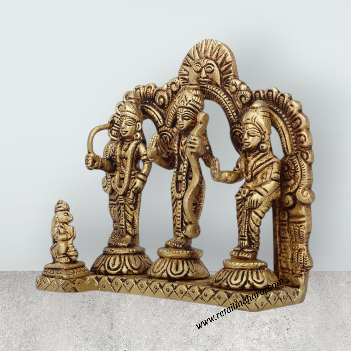 Ram Darbar Murti with Arch - 5 x 5.5 Inches | Antique Brass Idol/ Ram Darbar Idol for Pooja/ 980 Gms Approx - Retail Maharaj