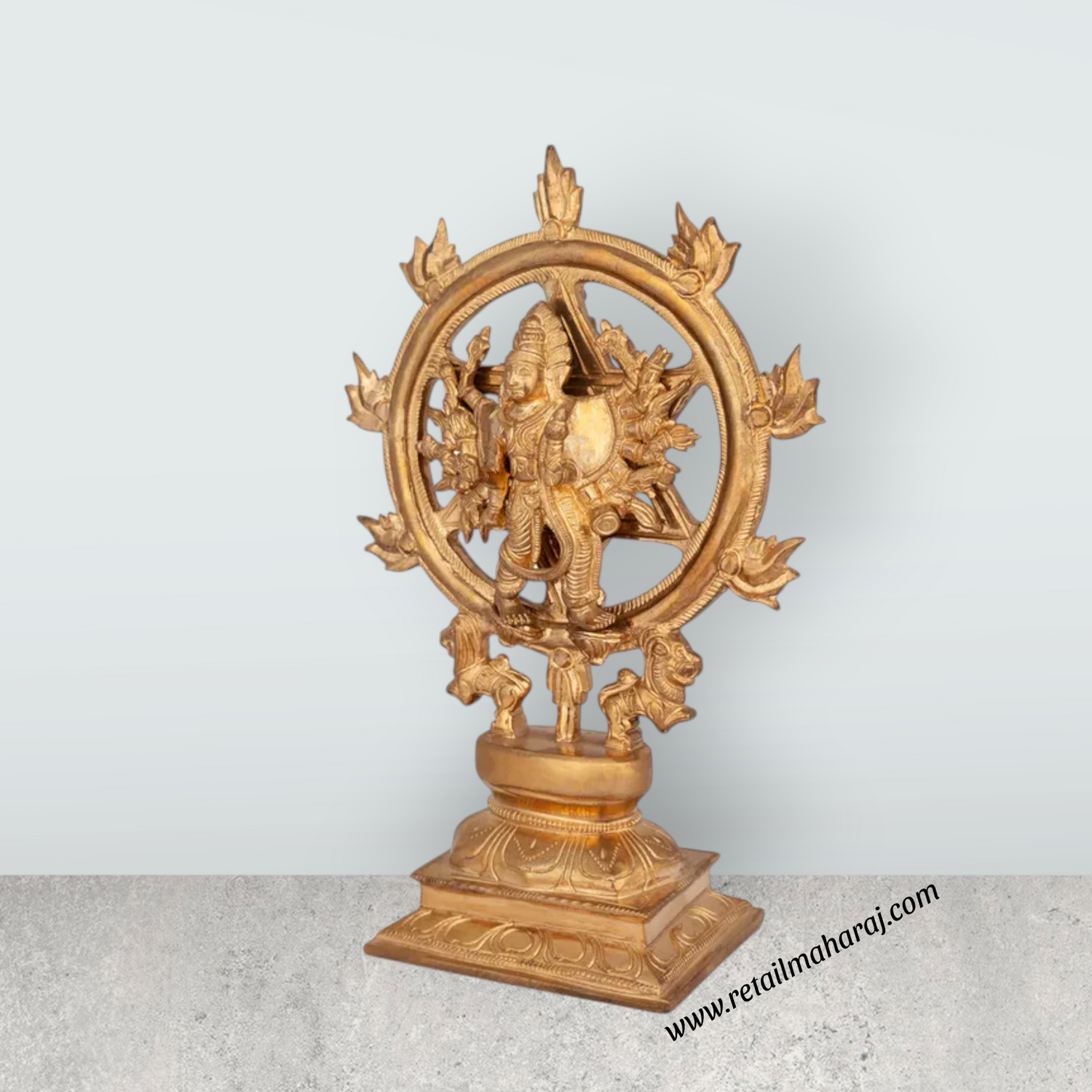 Chakrathazhwar Standing On Base- 9 x 6 inches | Brass Idol / Sudarshana Chakra Idol For Pooja - Retail Maharaj