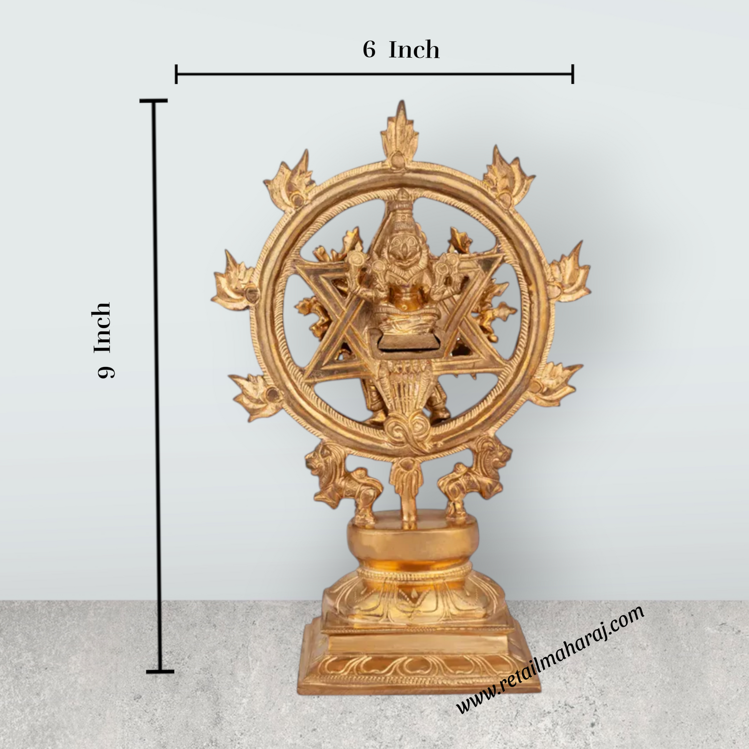 Chakrathazhwar Standing On Base- 9 x 6 inches | Brass Idol / Sudarshana Chakra Idol For Pooja - Retail Maharaj