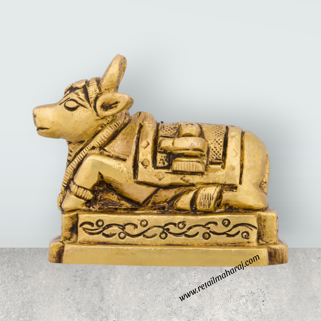 Nandi Statue with Base - 2.5 x 2.5 Inches | Antique Brass Statue/ Nandi Murti for Pooja/ 300 Gms Approx - Retail Maharaj