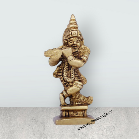 Krishna Murti Standing On Base - 2.5 x 1.25 Inches | Antique Brass Idol/ Krishna Idol for Pooja/ 60 Gms Approx - Retail Maharaj