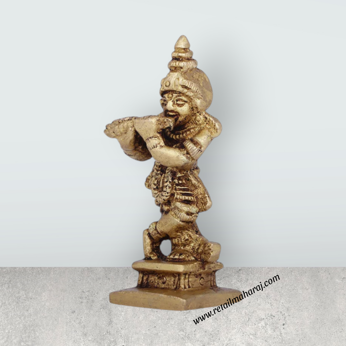 Krishna Murti Standing On Base - 2.5 x 1.25 Inches | Antique Brass Idol/ Krishna Idol for Pooja/ 60 Gms Approx - Retail Maharaj