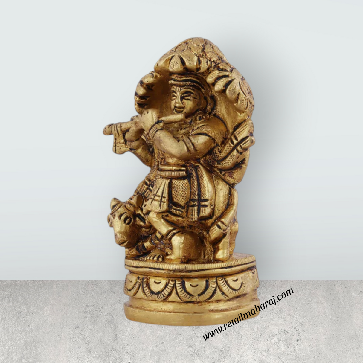 Cow Krishna Statue with Tree - 3.5 x 2.25 Inches | Antique Brass Idol/ Cow Murti for Pooja/ 380 Gms Approx