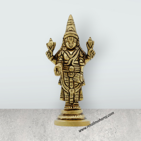 Balaji Murti Standing On Base - 4 x 1.75 Inches | Brass Idol/ Antique Polish Venkateswara Swamy Idol for Pooja - Retail Maharaj