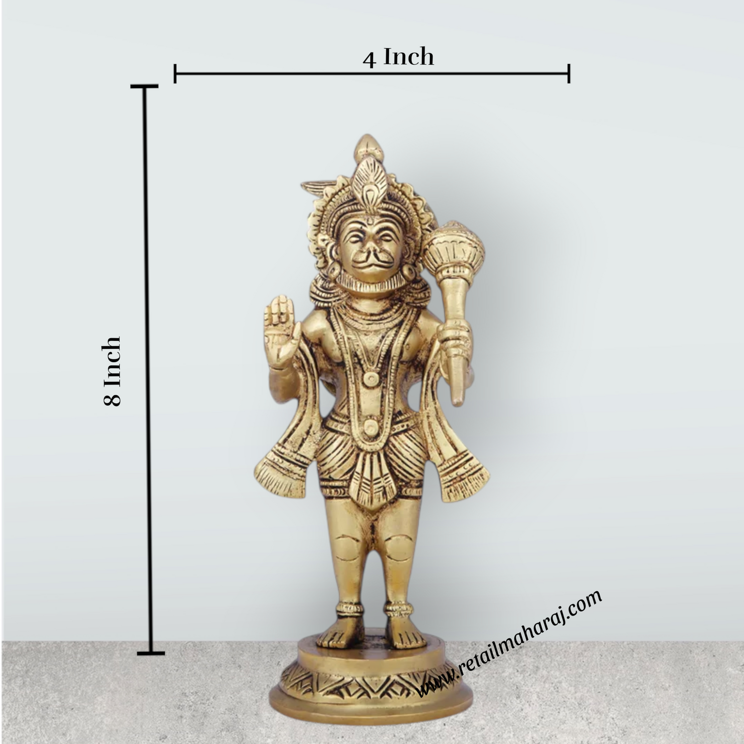 Anjaneya Statue - 8 x 4 Inches | Antique Brass Idol/ Standing Hanuman Statue for Pooja/ 1.550 Kgs Approx - Retail Maharaj