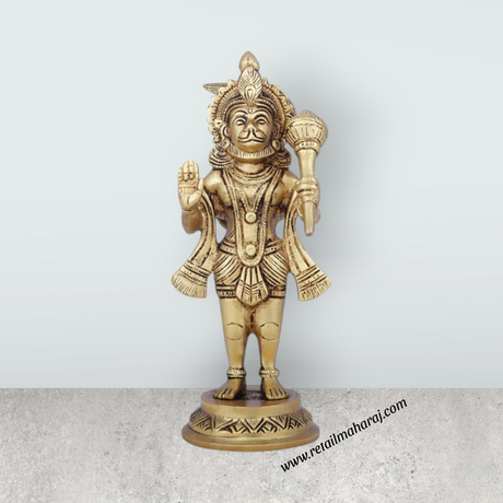 Anjaneya Statue - 8 x 4 Inches | Antique Brass Idol/ Standing Hanuman Statue for Pooja/ 1.550 Kgs Approx - Retail Maharaj