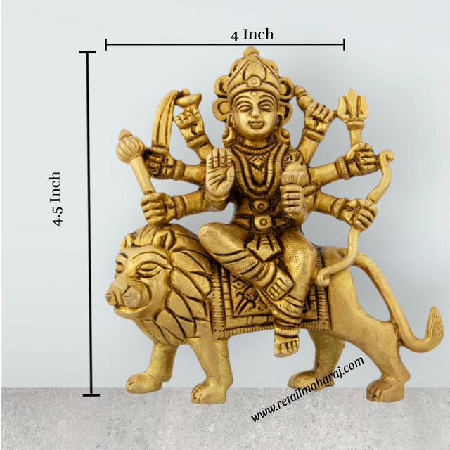 Durga Idol Sitting On Lion - 4.5 x 4 Inches | Antique Brass Idol/ Durga Murti With Eight Hands for Pooja - Retail Maharaj