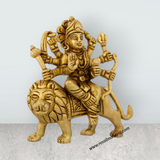 Durga Idol Sitting On Lion - 4.5 x 4 Inches | Antique Brass Idol/ Durga Murti With Eight Hands for Pooja - Retail Maharaj