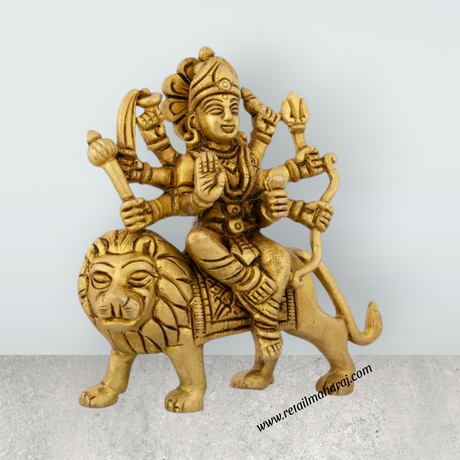 Durga Idol Sitting On Lion - 4.5 x 4 Inches | Antique Brass Idol/ Durga Murti With Eight Hands for Pooja - Retail Maharaj