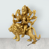 Durga Idol Sitting On Lion - 4.5 x 4 Inches | Antique Brass Idol/ Durga Murti With Eight Hands for Pooja - Retail Maharaj