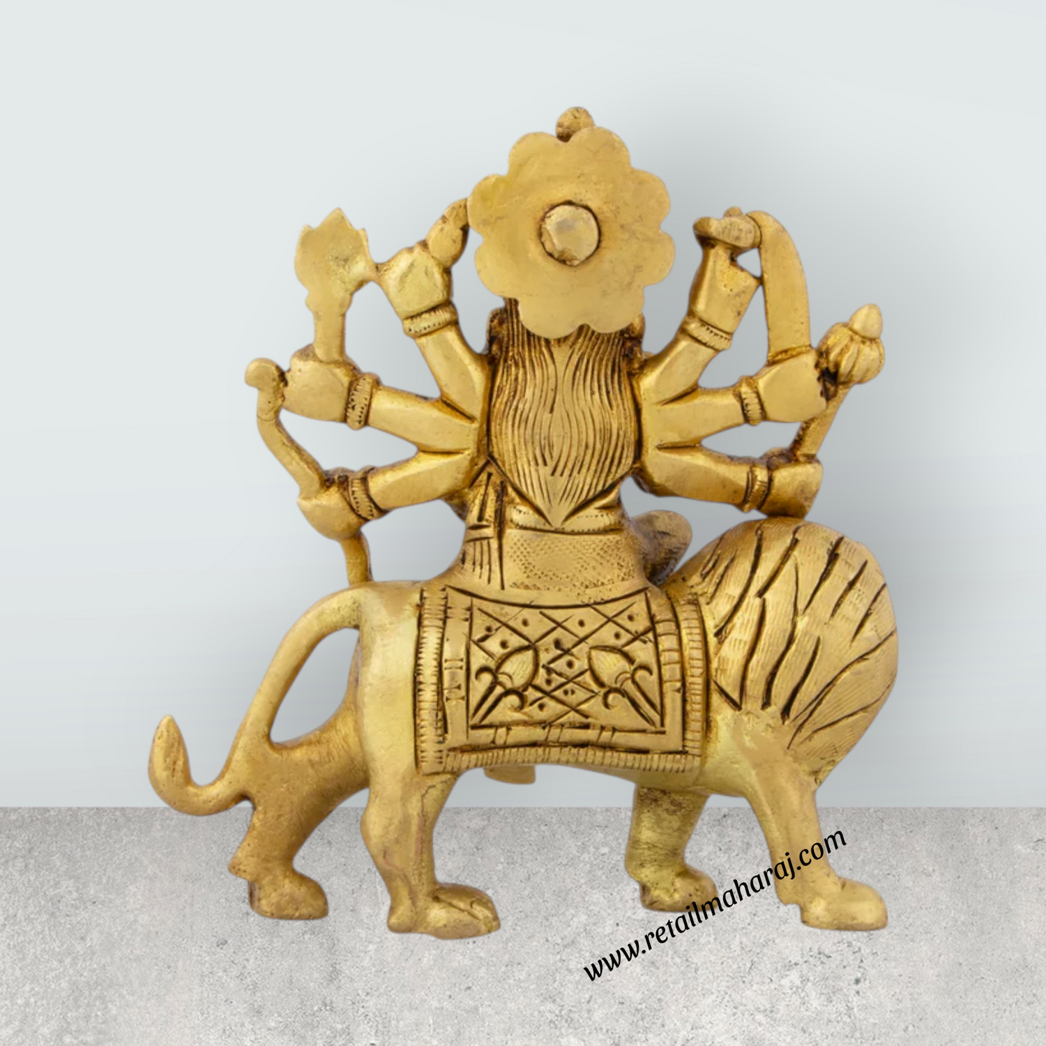 Durga Idol Sitting On Lion - 4.5 x 4 Inches | Antique Brass Idol/ Durga Murti With Eight Hands for Pooja - Retail Maharaj