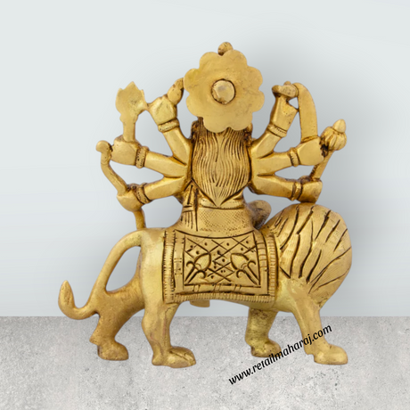 Durga Idol Sitting On Lion - 4.5 x 4 Inches | Antique Brass Idol/ Durga Murti With Eight Hands for Pooja - Retail Maharaj