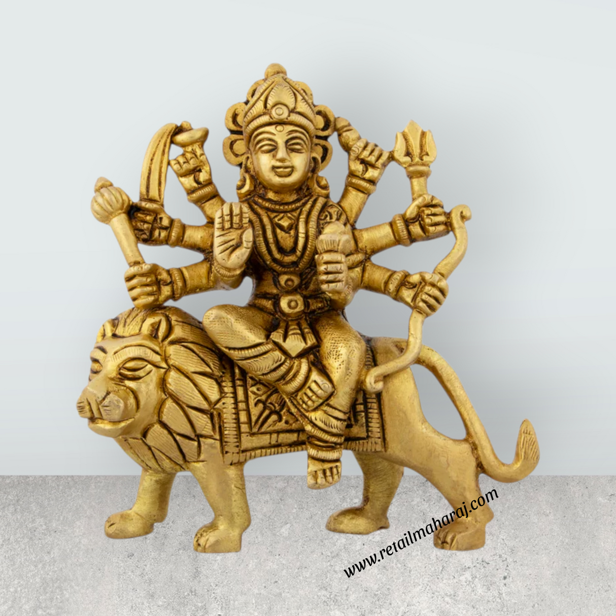 Durga Idol Sitting On Lion - 4.5 x 4 Inches | Antique Brass Idol/ Durga Murti With Eight Hands for Pooja - Retail Maharaj