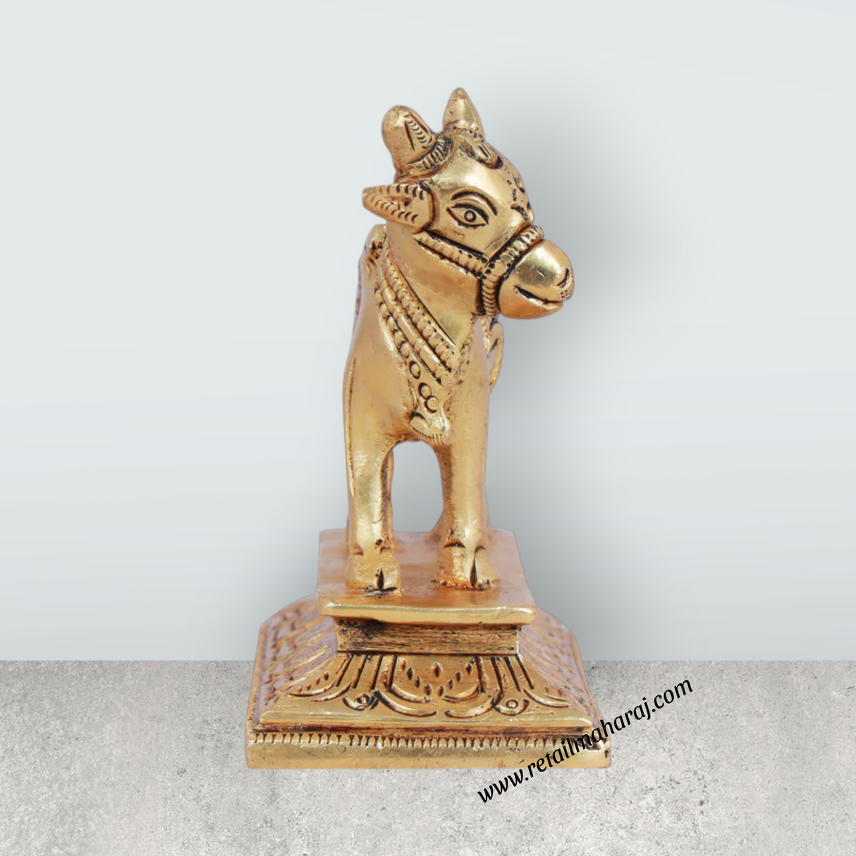 Nandi Statue Standing On Base - 4 x 4 Inches | Antique Brass Idol/ Nandi Idol/ Nandhi Statue for Pooja - Retail Maharaj