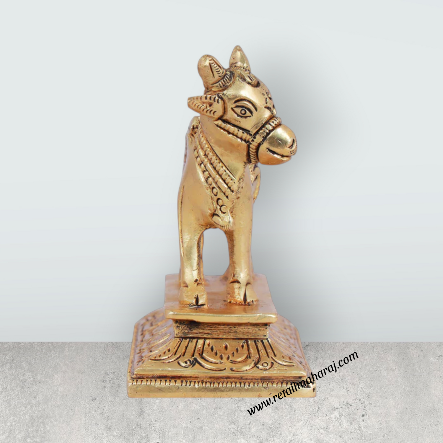 Nandi Statue Standing On Base - 4 x 4 Inches | Antique Brass Idol/ Nandi Idol/ Nandhi Statue for Pooja - Retail Maharaj