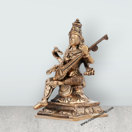 Saraswati Murti - 5 Inches | Panchaloha Statue/ Saraswati Idol for Pooja/ 550 Gms Approx - Retail Maharaj
