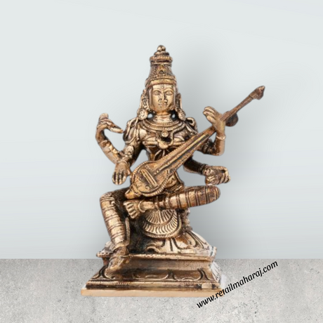 Saraswati Murti - 5 Inches | Panchaloha Statue/ Saraswati Idol for Pooja/ 550 Gms Approx - Retail Maharaj