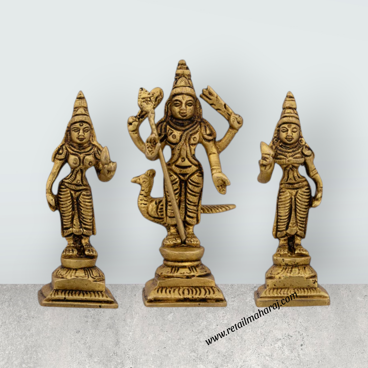 Murugan Valli Deivanai Statue Set - 4 x 1.75 Inches | Antique Brass Idol/ Murugan Valli Deivanai Idol for Pooja - Retail Maharaj