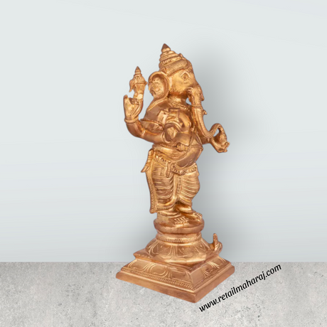 Ganesha standing On Base Murti - 9.5 x 5 Inches | Panchaloham Statue / Vinayagar Sculpture For Home Decor - Retail Maharaj