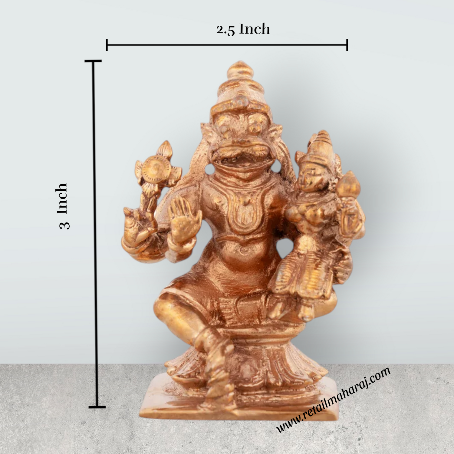 Lakshmi Narasimha Swamy Vigraham Sitting On Base - 3 x 2.5 Inches | Panchaloha Laxmi Narasimha Idol for Worship - Retail Maharaj
