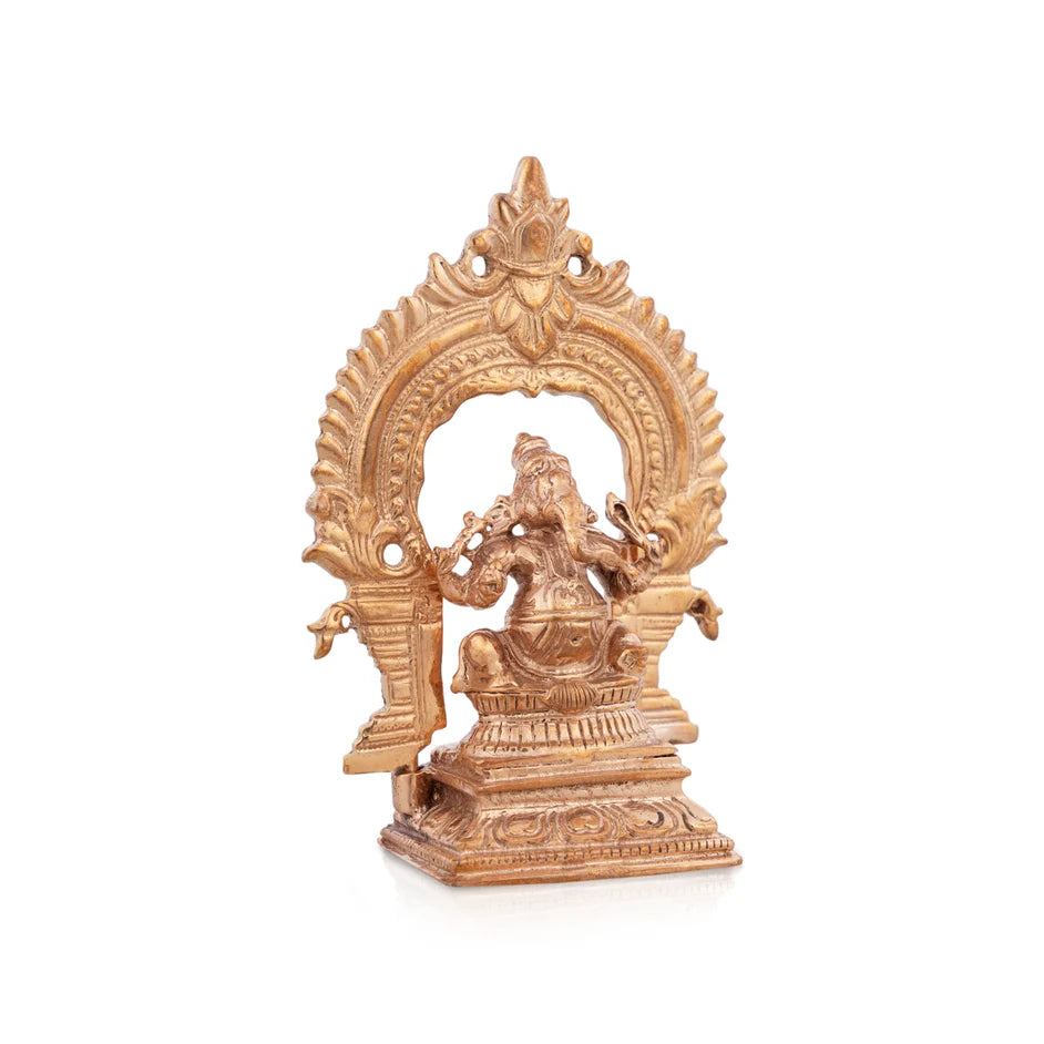 Ganesh Murti With Arch - 2.75 x 1.25 Inches | Panchaloha Statue/ Vinayaka Statue Sitting On Base for Pooja - Retail Maharaj