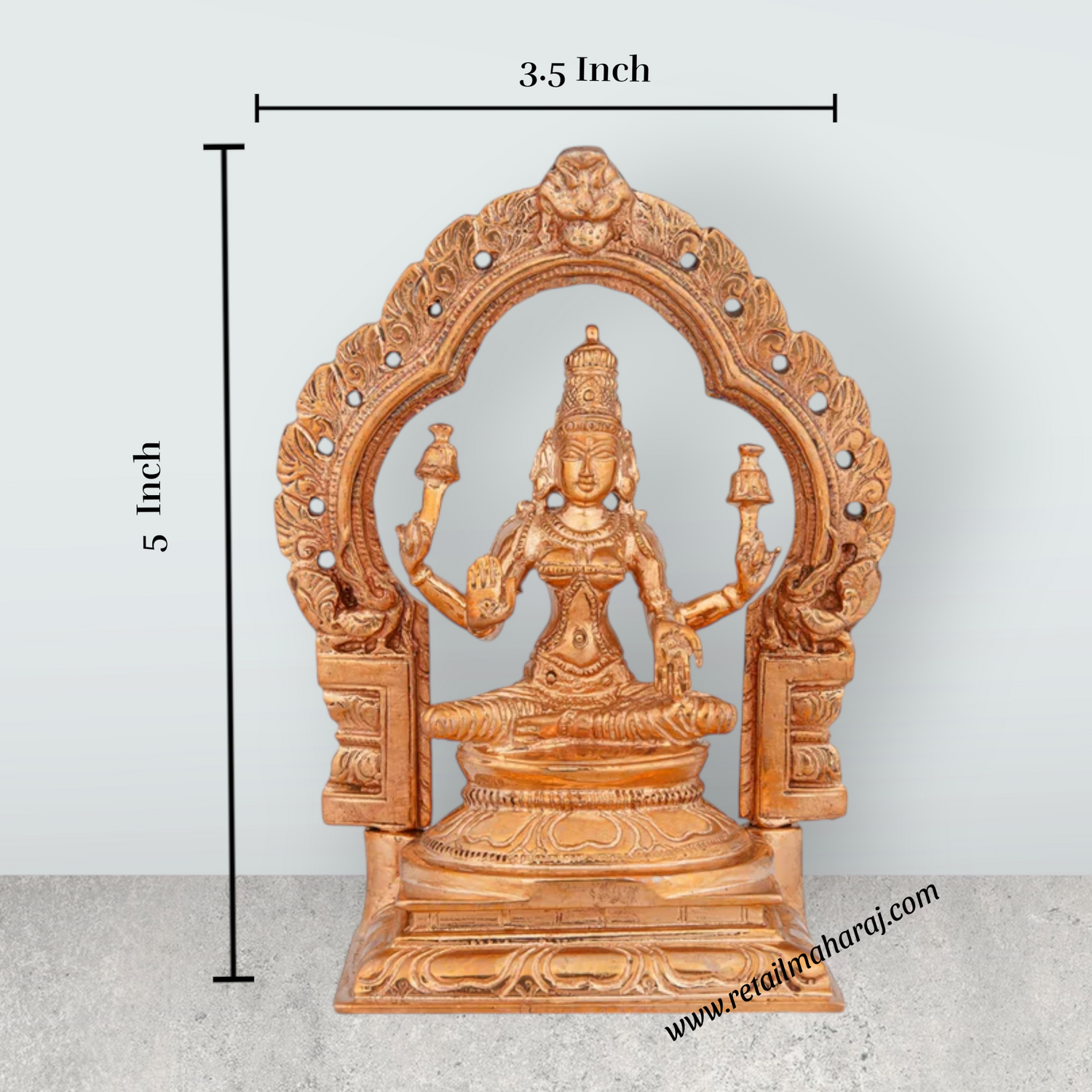 Lakshmi Idol With Arch - 5 x 3.5 Inches | Panchaloha Statue/ Sitting Laxmi Idol for Pooja/ 580 Gms Approx - Retail Maharaj