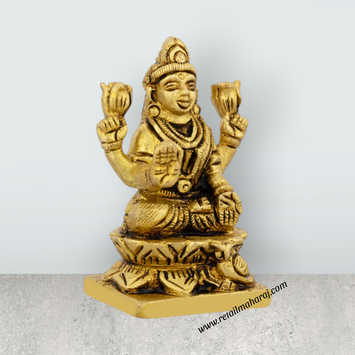 Lakshmi Idol Sitting On Flower Base - 2 x 1.5 Inches | Antique Brass Idol/ Laxmi Idol for Pooja - Retail Maharaj