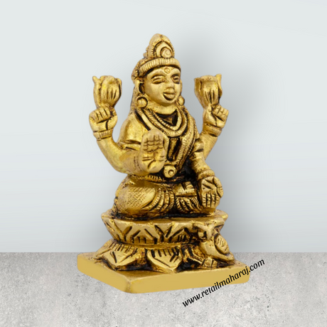 Lakshmi Idol Sitting On Flower Base - 2 x 1.5 Inches | Antique Brass Idol/ Laxmi Idol for Pooja - Retail Maharaj