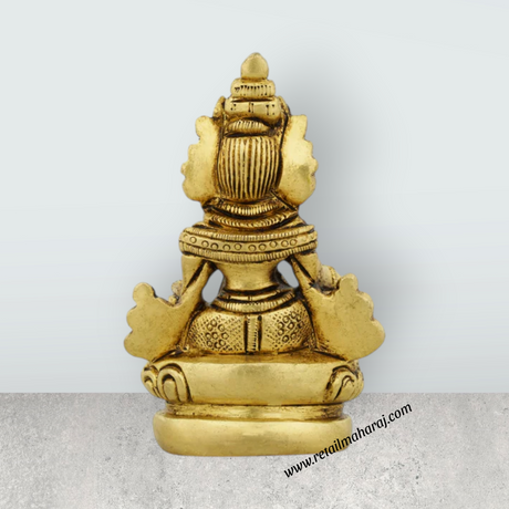 Kuber Statue Sitting On Flower Base - 3.25 x 2 Inches | Antique Brass Idol/ Kubera Idol for Pooja - Retail Maharaj