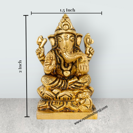 Ganesh Murti Sitting On Lotus Base - 2 x 1.5 Inches | Ganesh Idol/ Antique Brass Idol for Pooja - Retail Maharaj