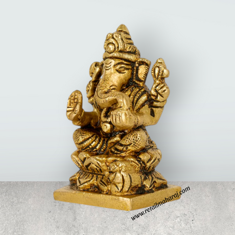 Ganesh Murti Sitting On Lotus Base - 2 x 1.5 Inches | Ganesh Idol/ Antique Brass Idol for Pooja - Retail Maharaj