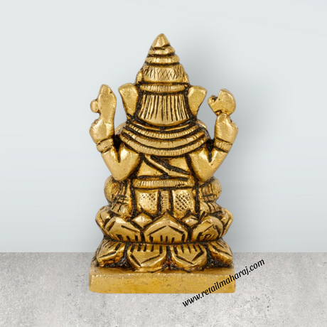 Ganesh Murti Sitting On Lotus Base - 2 x 1.5 Inches | Ganesh Idol/ Antique Brass Idol for Pooja - Retail Maharaj