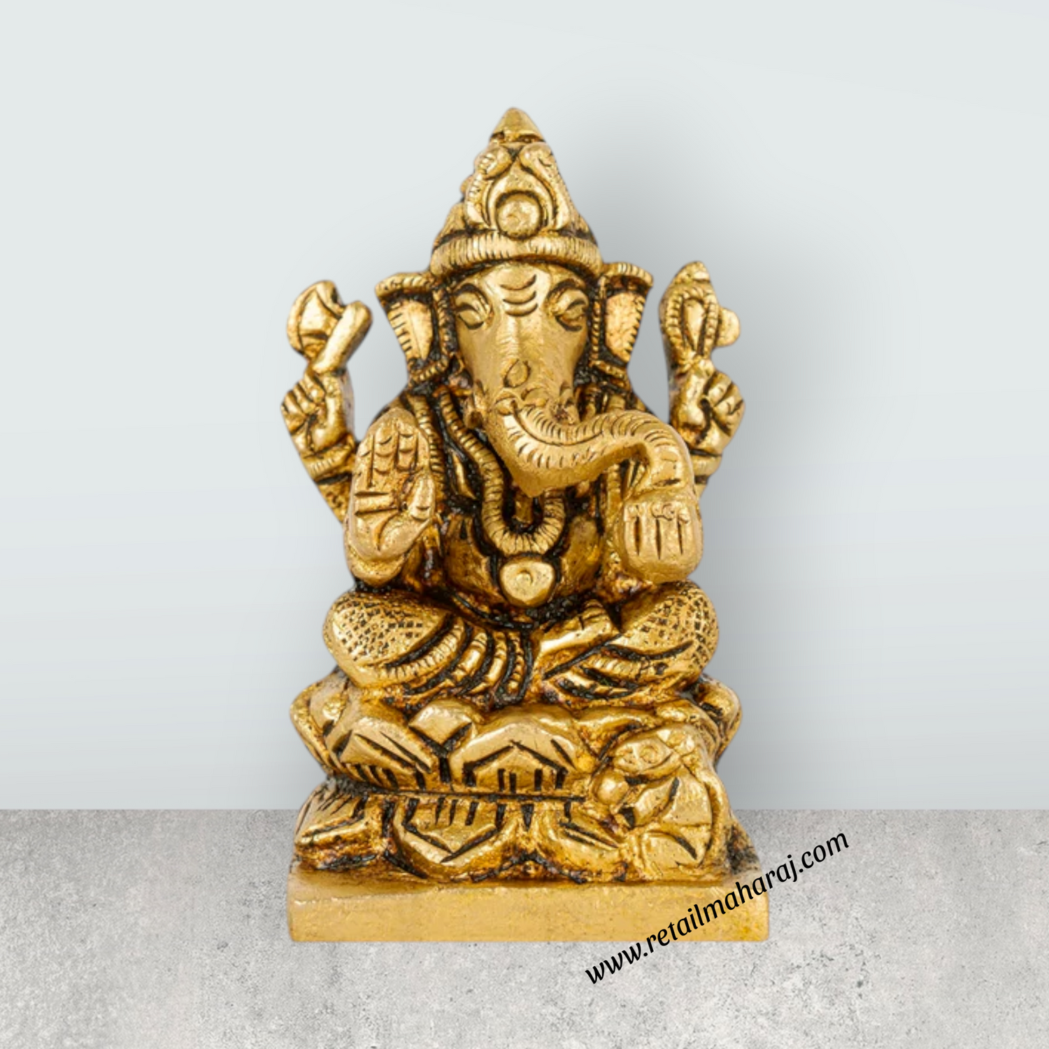 Ganesh Murti Sitting On Lotus Base - 2 x 1.5 Inches | Ganesh Idol/ Antique Brass Idol for Pooja - Retail Maharaj