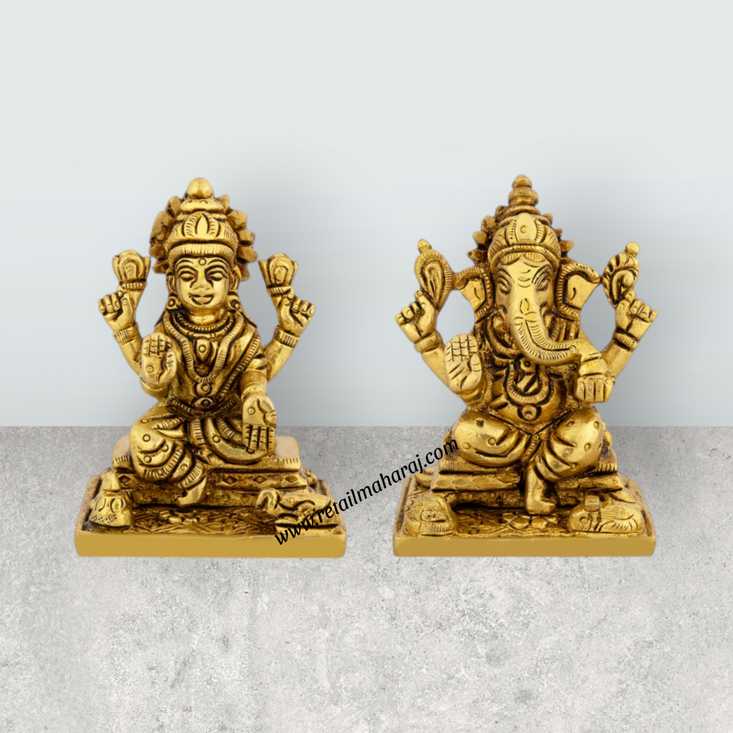Lakshmi Idol & Ganesh Idol Sitting On Base Pair - 3 x 2 Inches | Brass Idol/ Ganpati Murti & Laxmi Murti for Pooja - Retail Maharaj