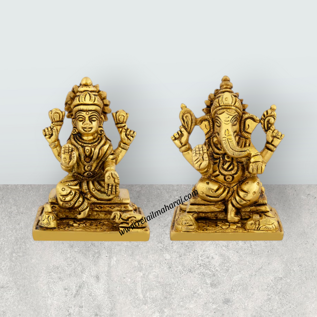 Lakshmi Idol & Ganesh Idol Sitting On Base Pair - 3 x 2 Inches | Brass Idol/ Ganpati Murti & Laxmi Murti for Pooja - Retail Maharaj